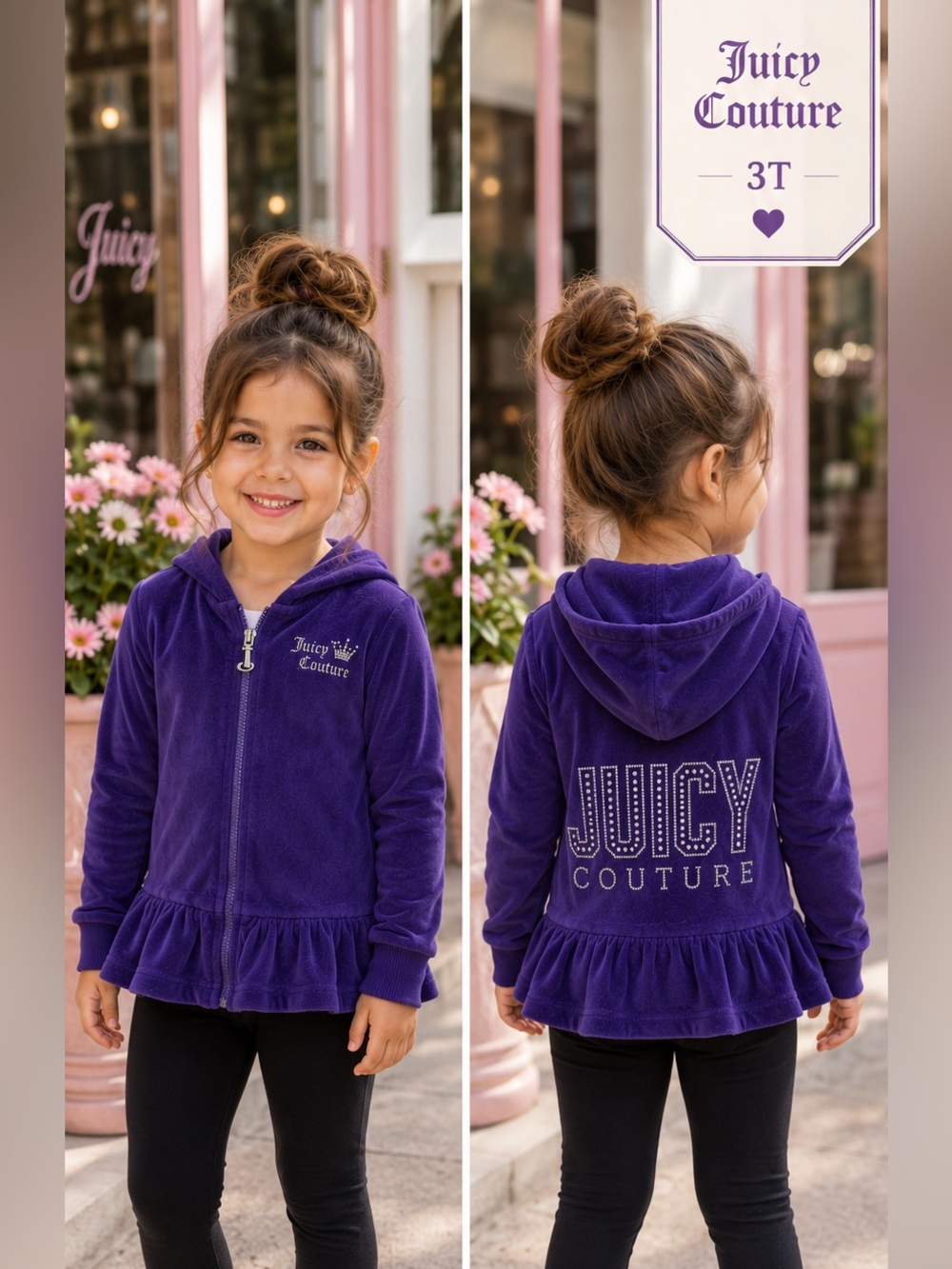 Juicy Couture size 3T girls Velour Peplum Hoodie Purple Rhinestone spellout glam